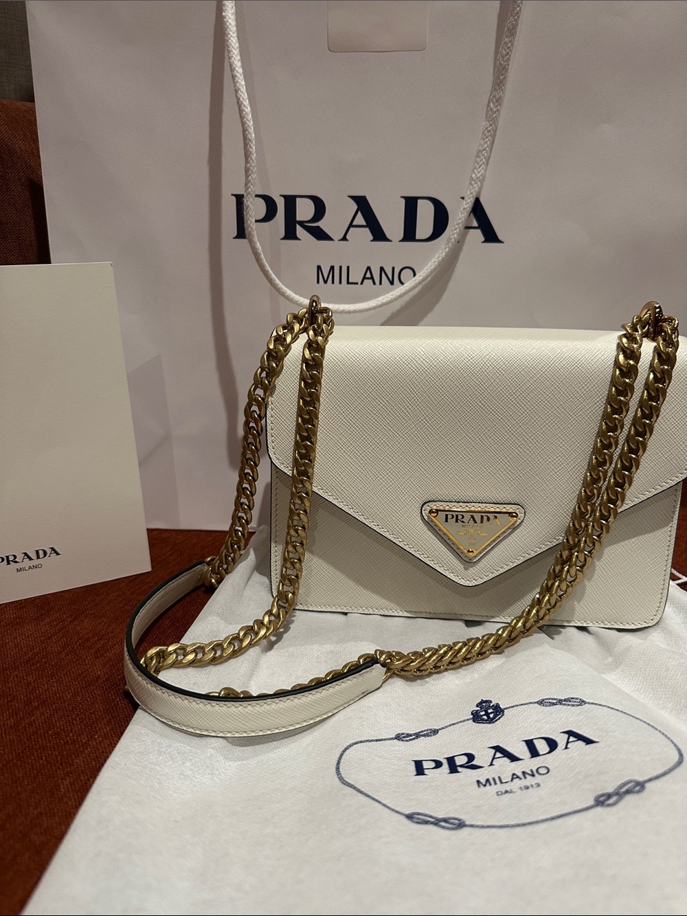 PRADA Cream Saffiano Leather Chain Crossbody Bag with Gold Hardware